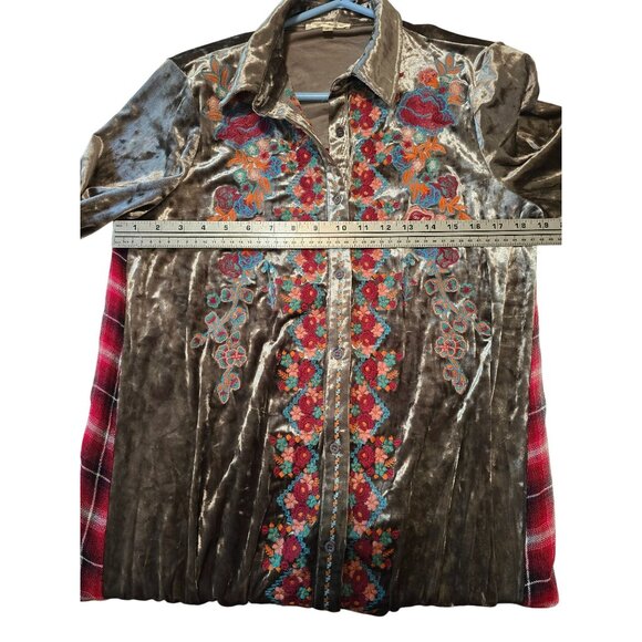 Andree By Unit Velvet Plaid Embroidered Button Shirt Dress Tunic Boho L - Picture 8 of 8